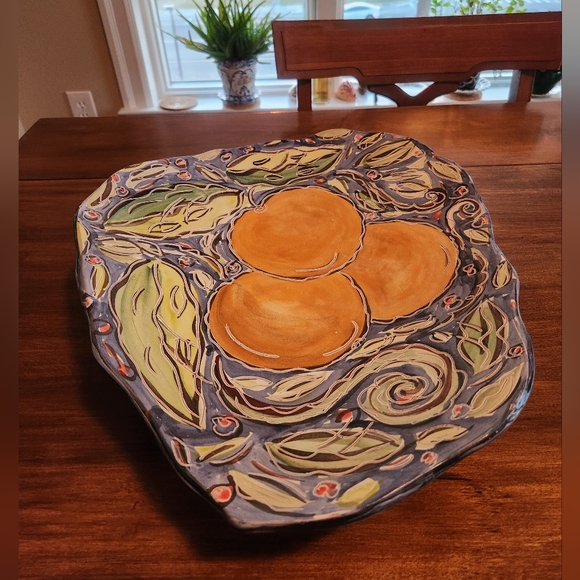 Handcrafted Ceramic Art Platter with Orange and Blue Design - Picture 11 of 12